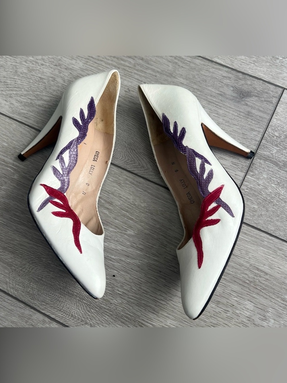 Vintage Salvatore Ferragamo White Heels with Red and Purple Snakeskin